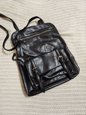 Men's Black Leather Backpack with Front Buckle Pocket